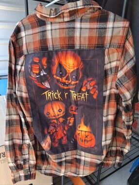Halloween Trick 'r Treat Orange Plaid Patchback Flannel